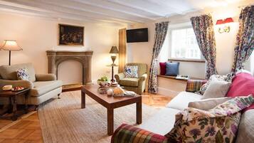 Smart TV, fireplace, books