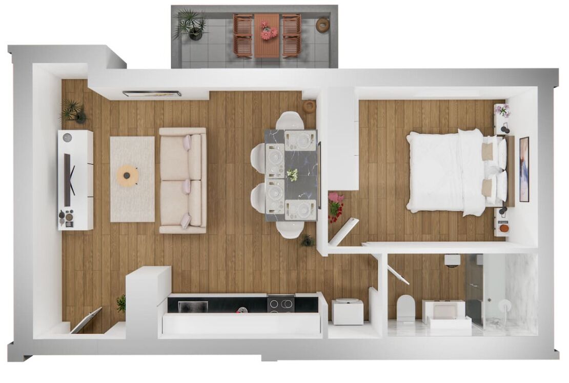 Una planimetria moderna di un appartamento con soggiorno, cucina, zona pranzo e camera da letto.