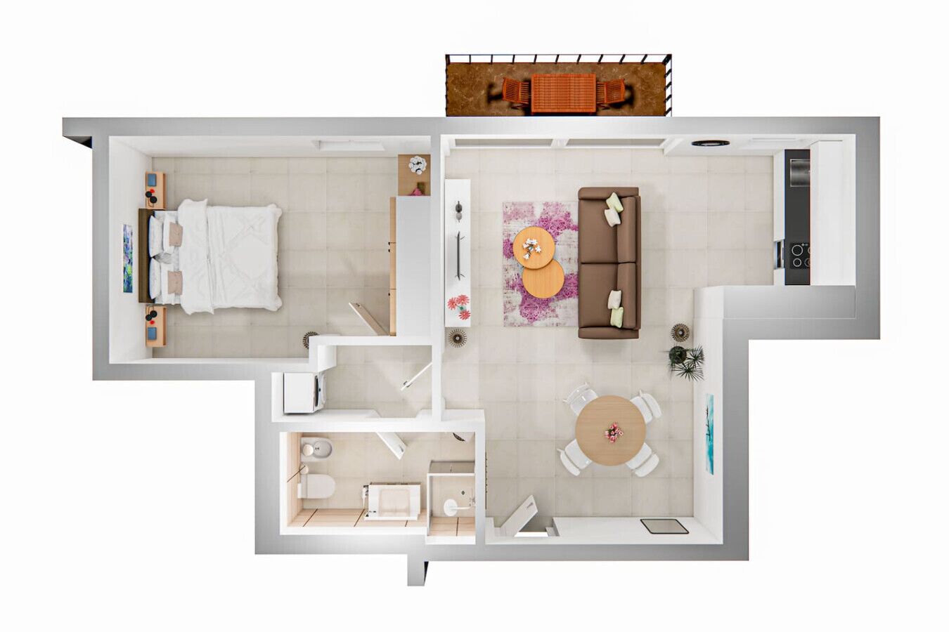 A 2-bedroom apartment layout with a living room, dining area, kitchen, and bathroom.