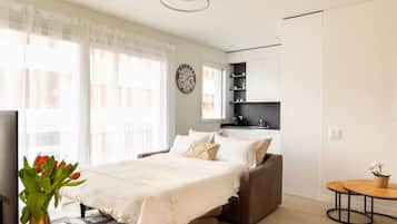 1 bedroom, desk, iron/ironing board, travel crib