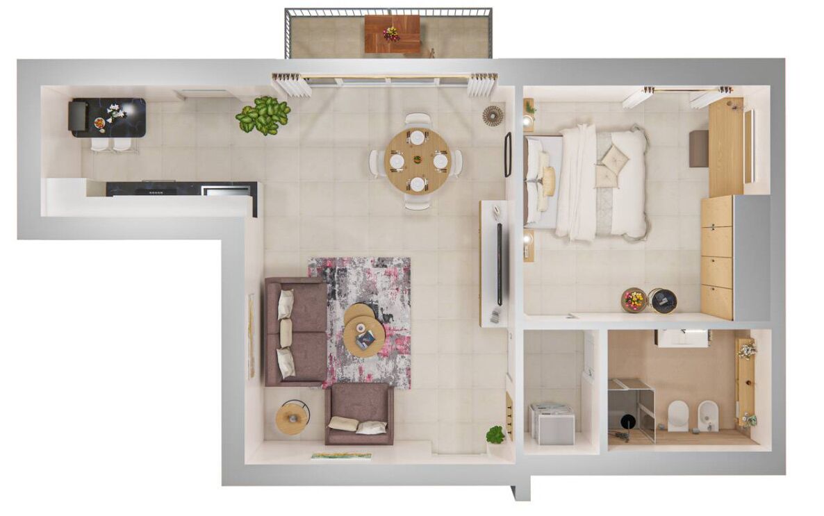 A modern apartment layout with a dining area, living room, kitchen, and bathroom.