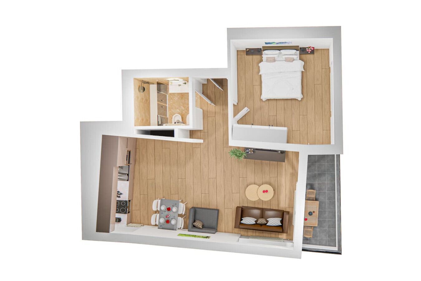 Un appartement de deux chambres comprenant une cuisine, un coin repas et un petit salon.