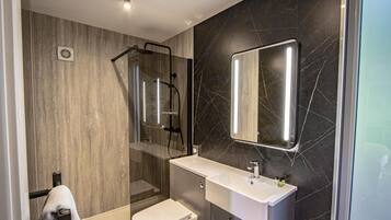 Shower, hair dryer, towels