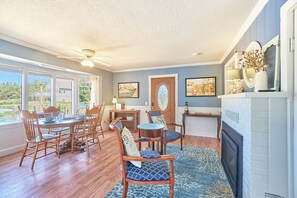 Smart TV, fireplace, books