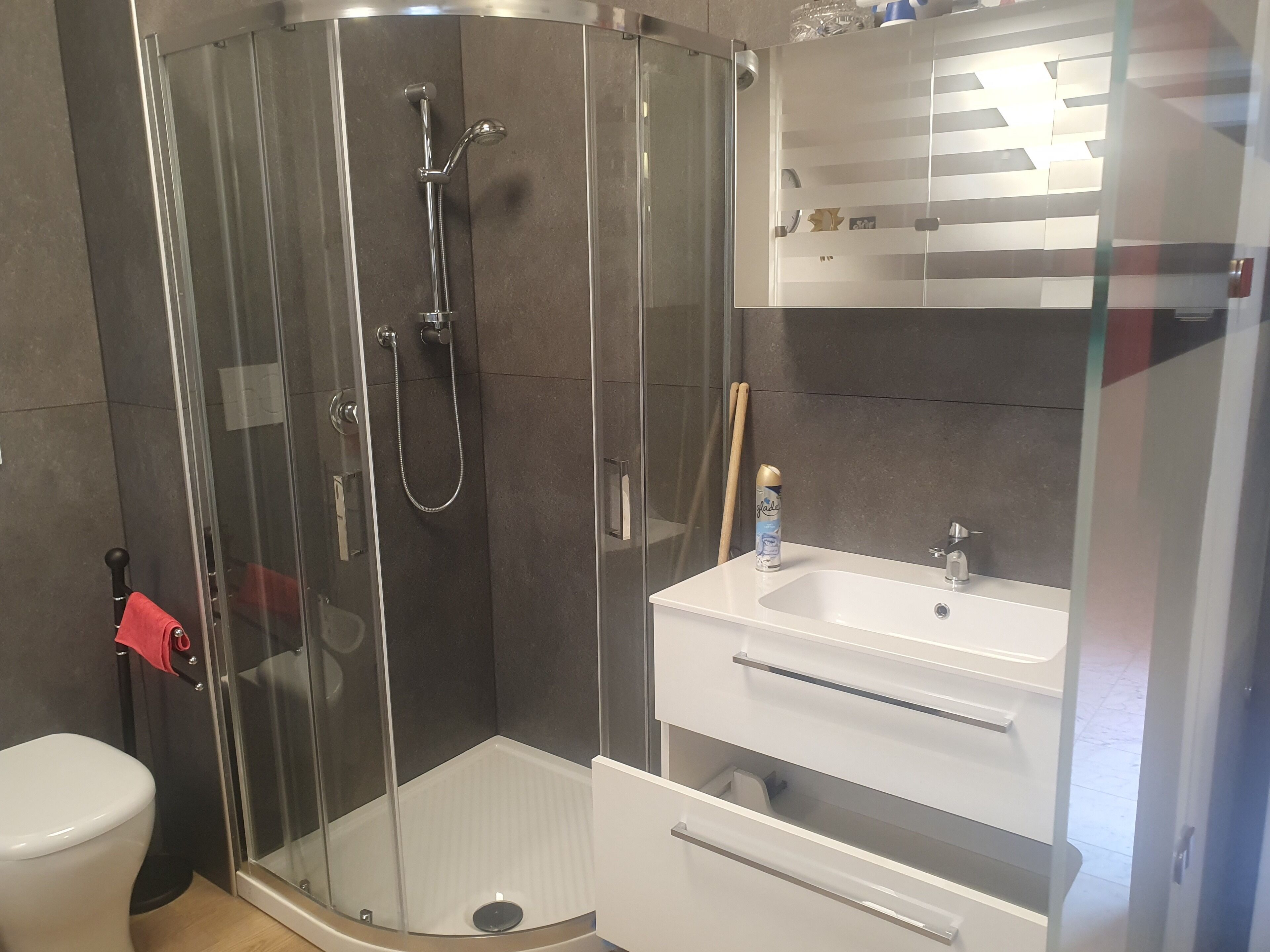 Ein modernes Badezimmer mit einer Glasdusche, einem weißen Waschbecken und einer Toilette.
