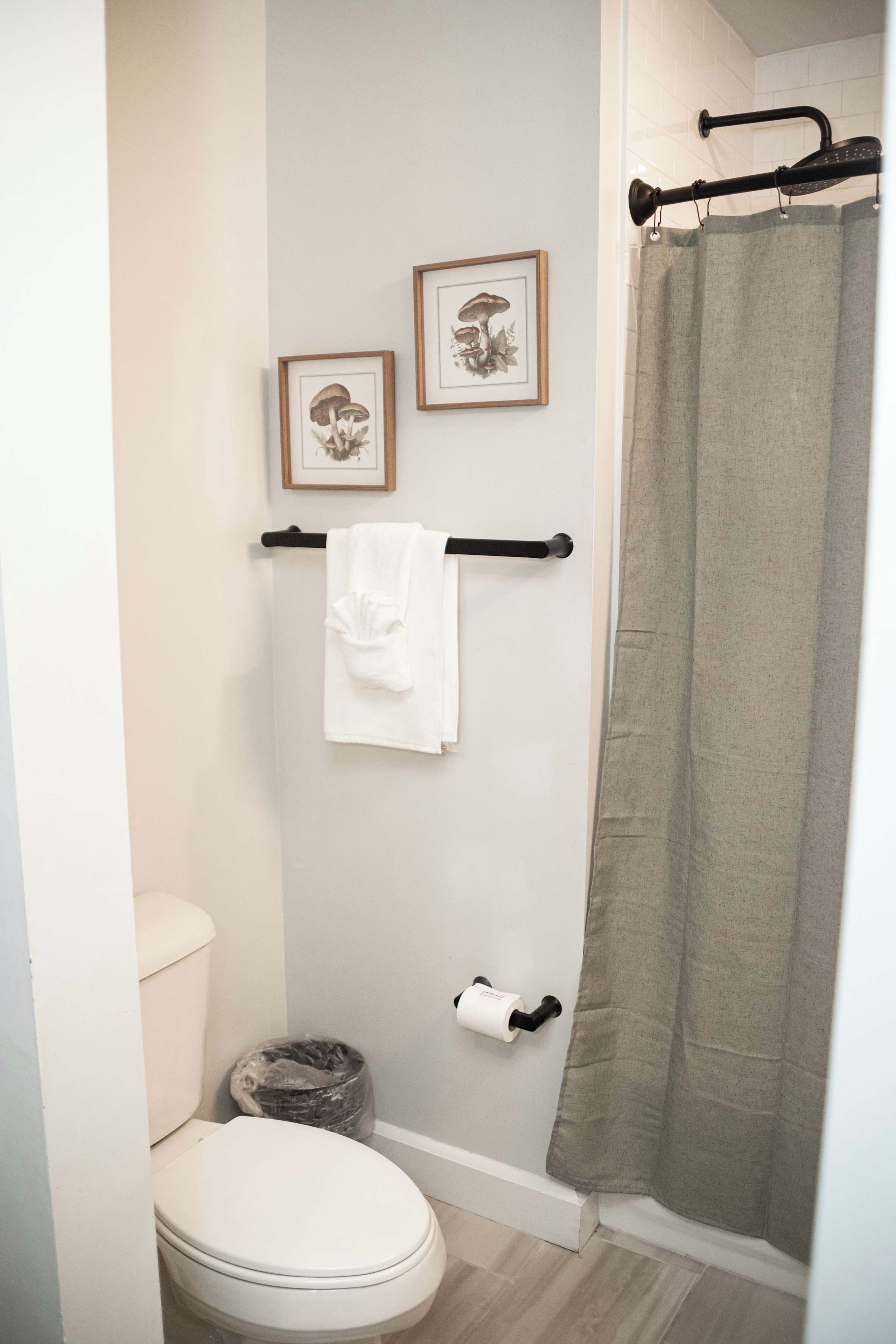 Un baño con inodoro, toallero con una toalla blanca, cortina de ducha y dos grabados botánicos enmarcados en la pared.