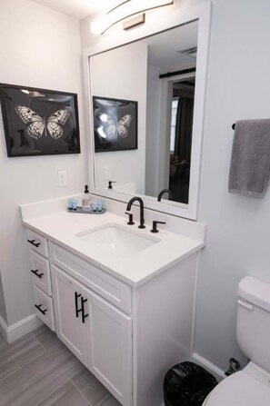 Shower, hair dryer, towels, shampoo