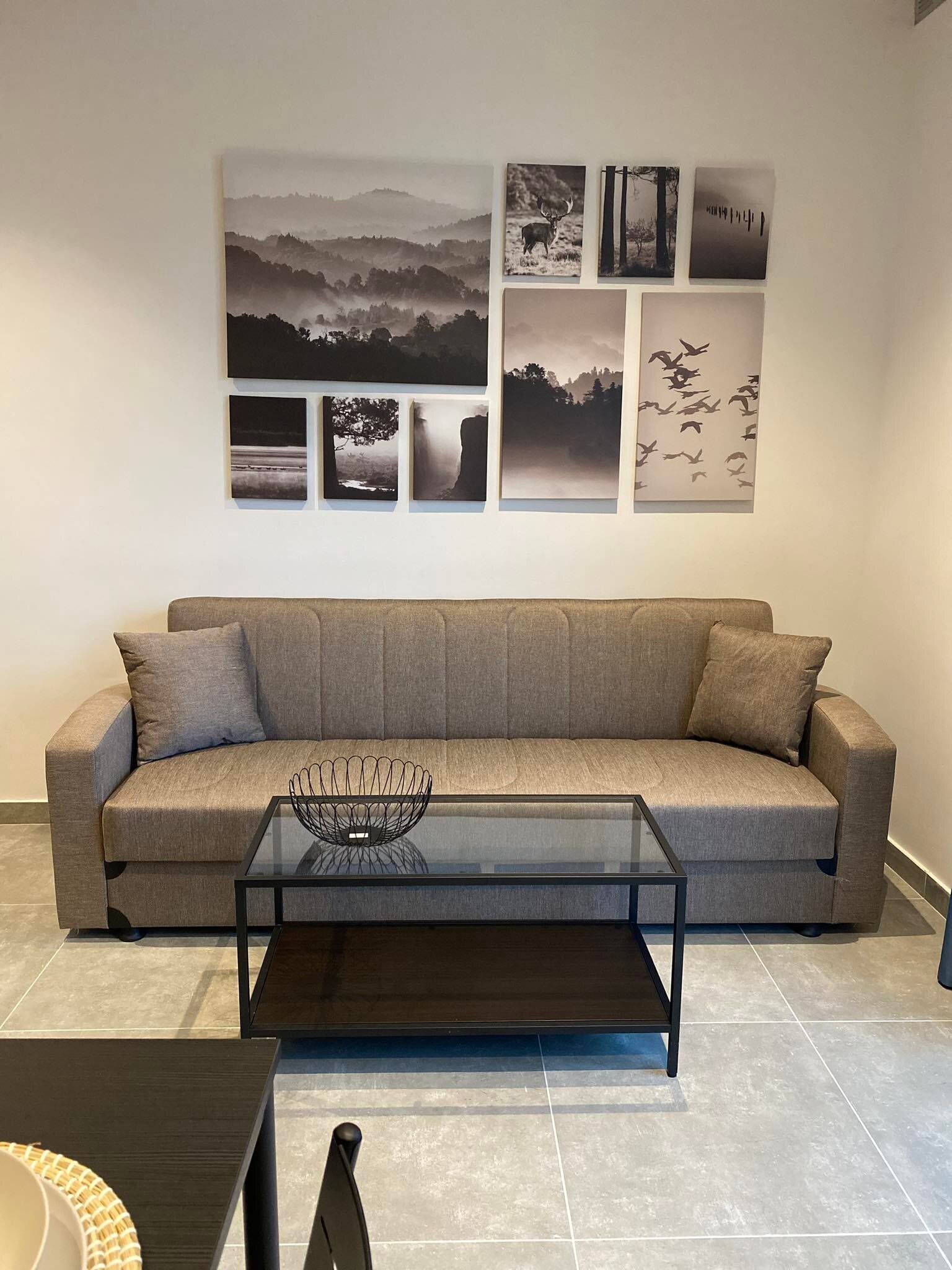 Un salón con un sofá gris, una mesa de centro de vidrio y una pared decorada con seis fotografías en blanco y negro de paisajes.