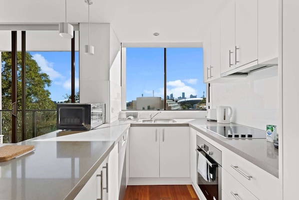 Fridge, microwave, oven, stovetop