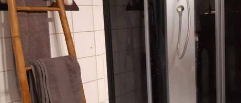 Shower, hair dryer, towels, soap