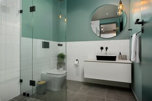 Douche, séchoir à cheveux, serviettes fournies, savon