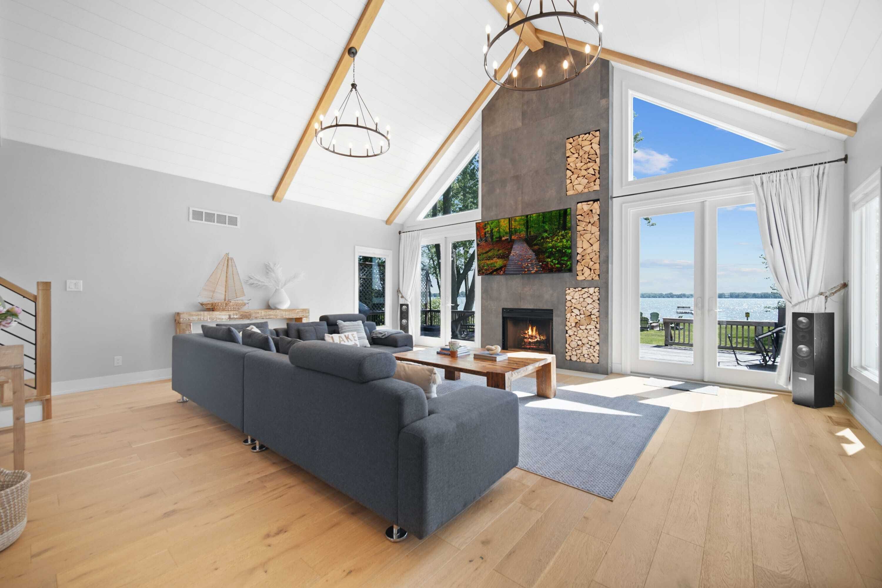 TV, fireplace, books, stereo