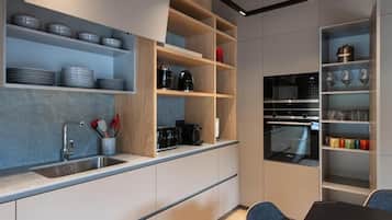 Elite Apartment | Private kitchen | Fridge, microwave, oven, stovetop