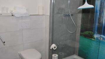 Une salle de bain avec une douche à parois de verre, des toilettes et un lavabo.