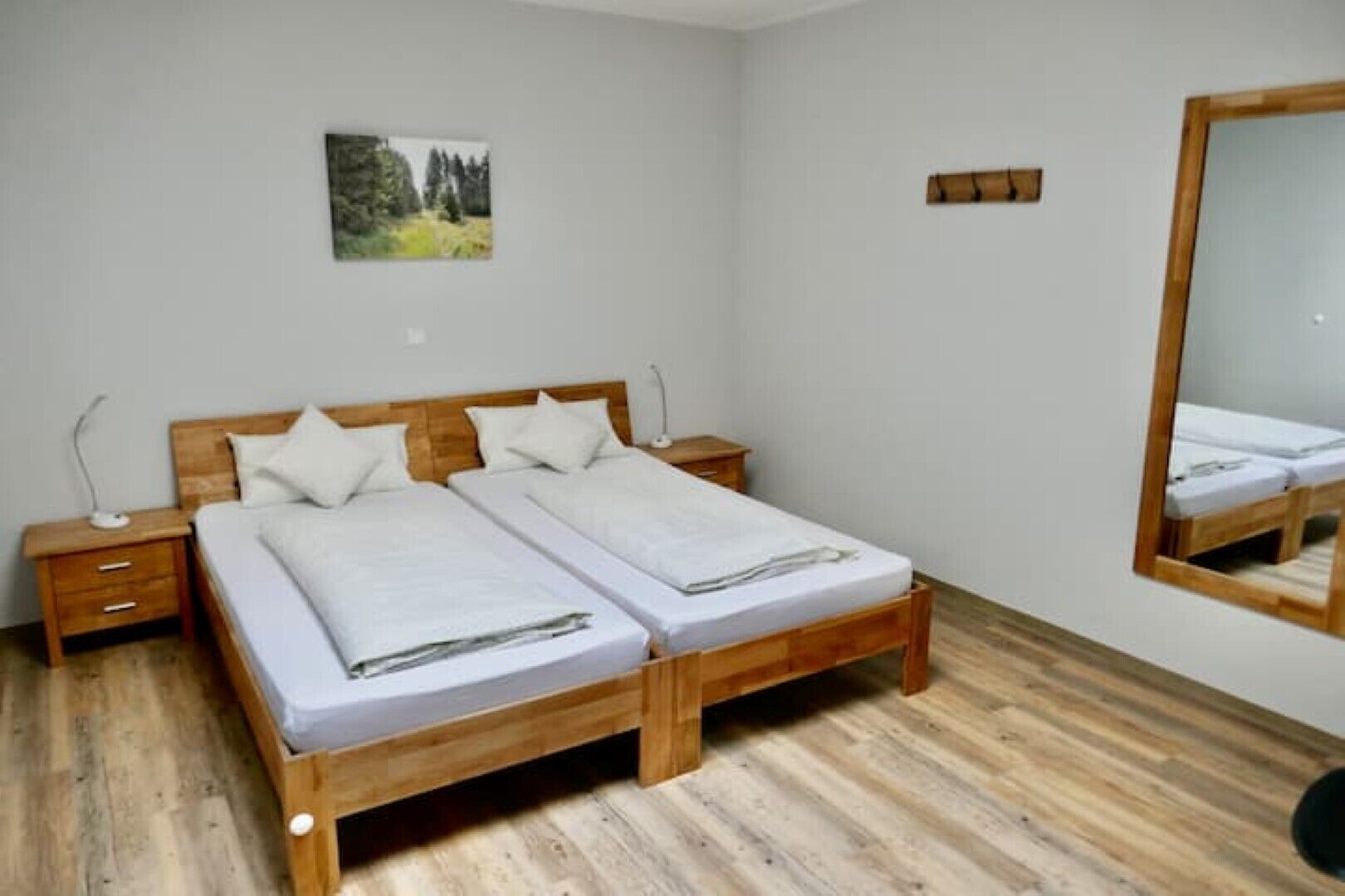 A double bed with wooden headboard and footboard, two bedside tables, a nightstand, and a mirror on the wall.