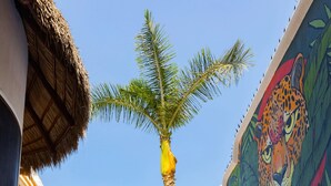 Zwembad met ligbedden en parasols, een palmboom en een muurschildering van een luipaard.