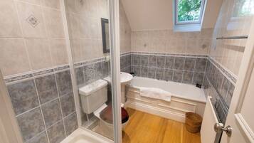 Hair dryer, towels, soap, shampoo