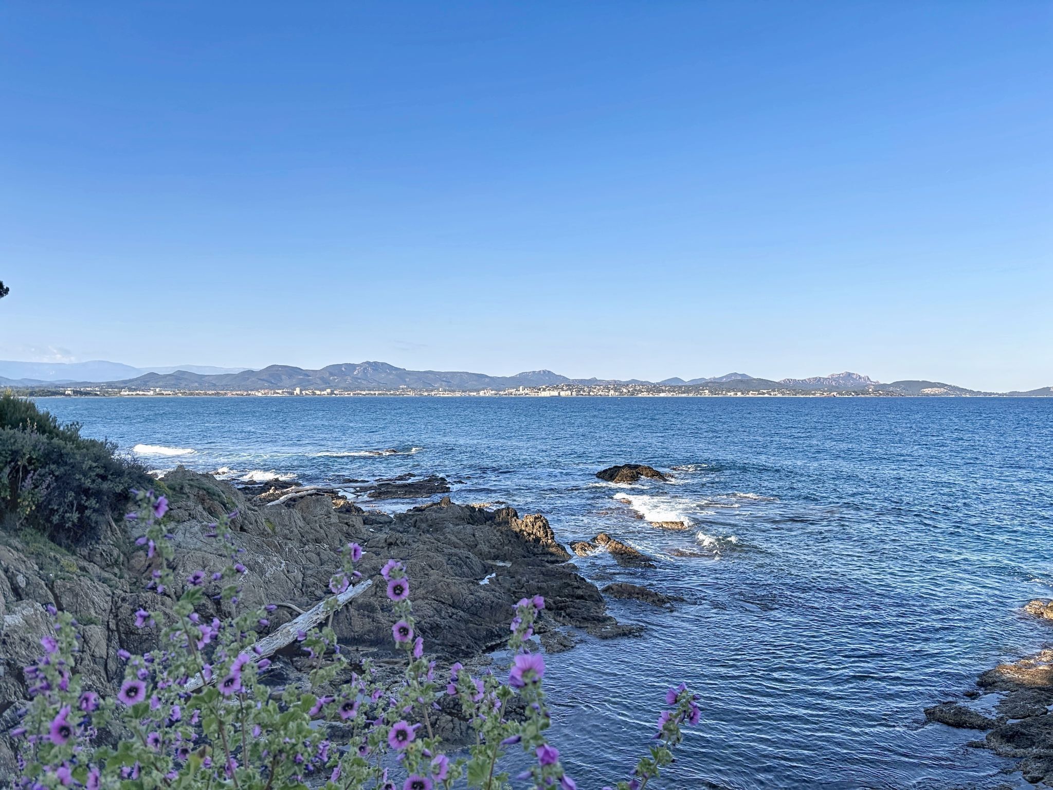 Un paisaje costero con terreno rocoso y una vista despejada del mar.