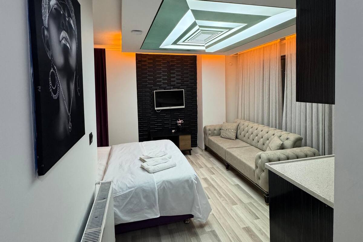 Une chambre d’hôtel moderne équipée d’un lit, d’un canapé, d’un téléviseur à écran plat et d’un luminaire au plafond au design original.