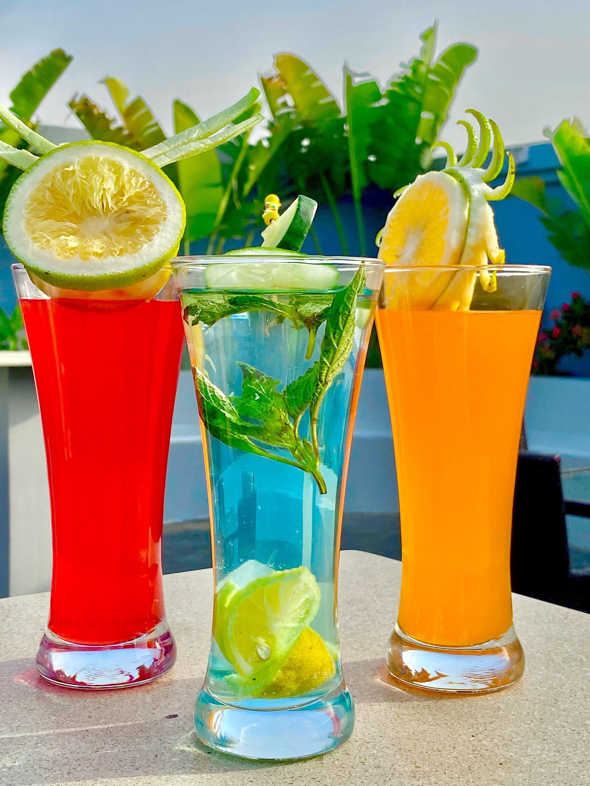 Three glasses of beverages with lime and mint, placed outdoors with a view of greenery in the background.