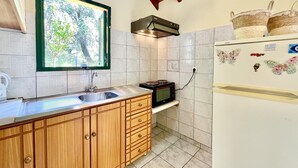 A compact kitchen with wooden cabinets, a built-in microwave, and a refrigerator adorned with decorative magnets. - Renas Studio near Roda (Roda)