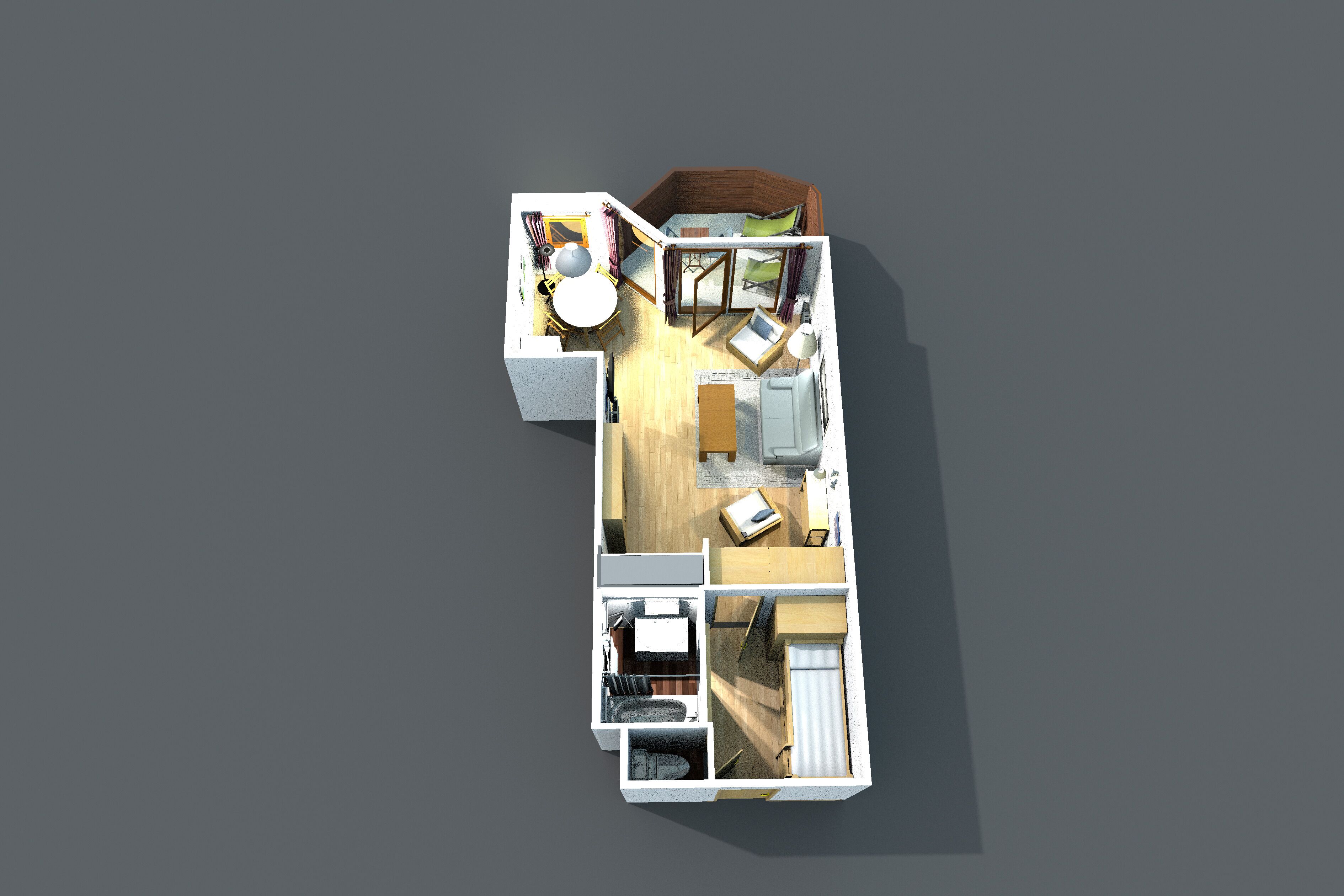 Plano de planta en 3D de una habitación de hotel pequeña, con cama, escritorio, silla, sofá y baño.