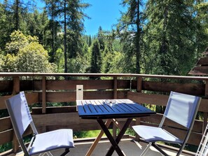 Relax in a serene outdoor space with a wooden deck, a table, and comfortable chairs.
