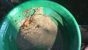 A green plastic container with a hole in the bottom, filled with soil and small rocks, placed on a surface with a dark background. - Wet mountain  (Rye)
