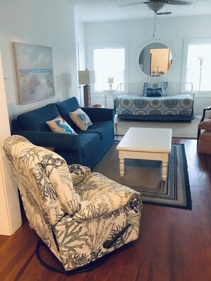 Smart TV, fireplace, books