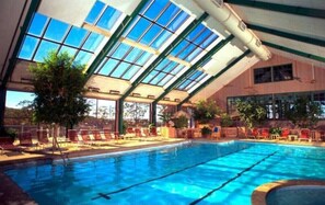 An indoor swimming pool with clear glass ceilings, red lounge chairs, and a view of the surrounding landscape.