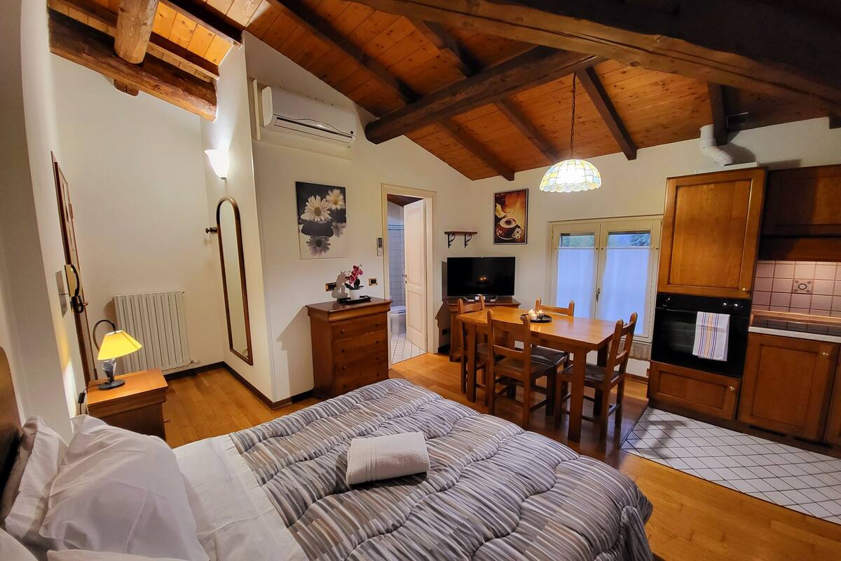 A cozy room with a bed, a desk, a dining table, and a kitchen area.