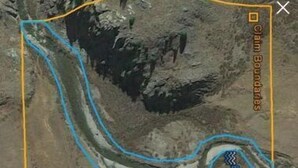 A satellite view of a mountainous area with marked boundaries and a river. - Black Bear primitive campsite with
Mineral rights. (Howardsville)