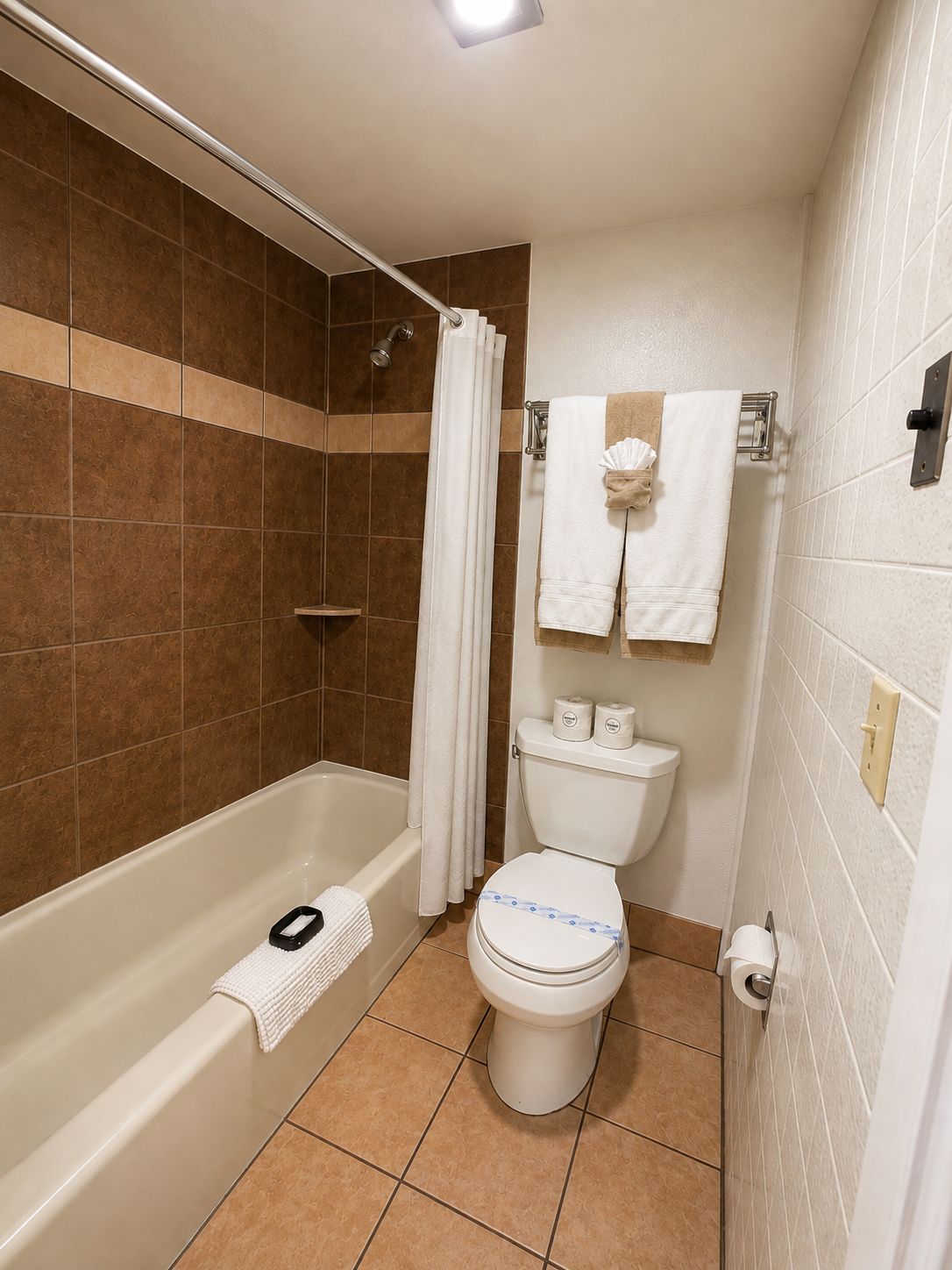 Combined shower/tub, free toiletries, hair dryer, towels