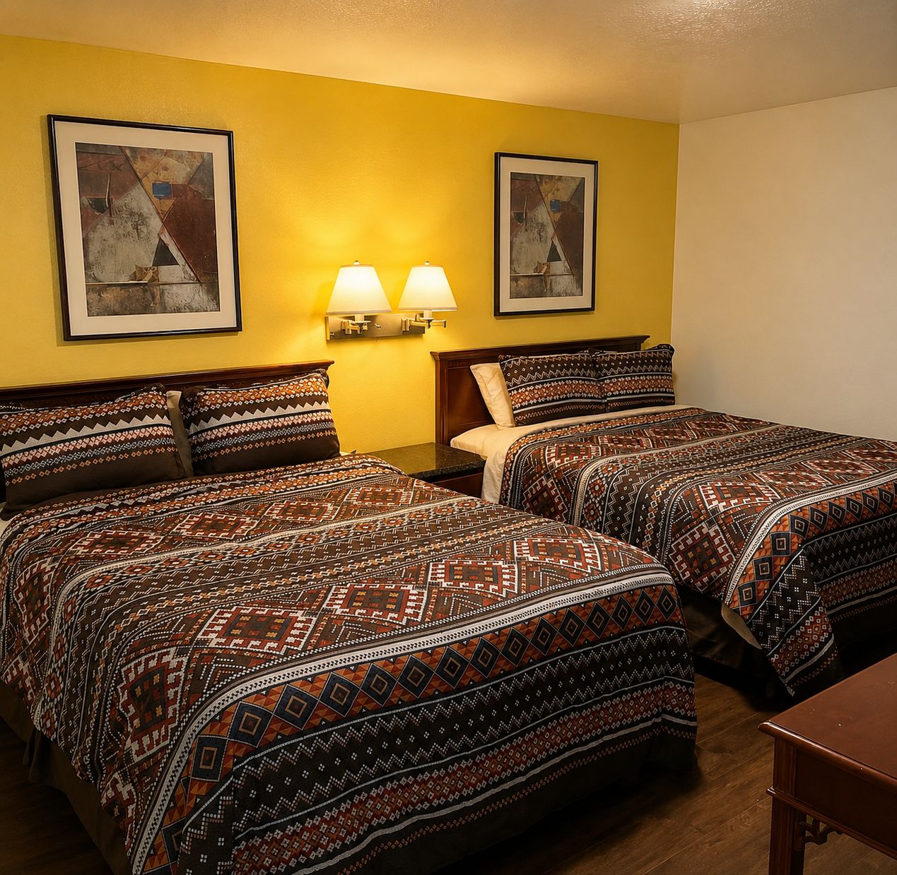 A hotel room with two beds, each with patterned bedding, a nightstand, and wall-mounted lamps.