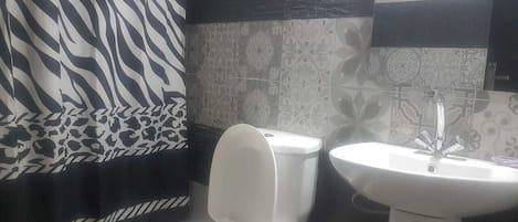 Douche, sĂšche-cheveux, bidet, serviettes fournies