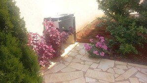 A stone pathway leading to a building entrance, surrounded by lush greenery and flowering plants. - Bright apartment with garden (الكورة)