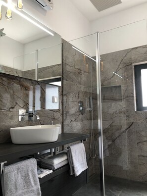 Shower, hair dryer, bidet, towels
