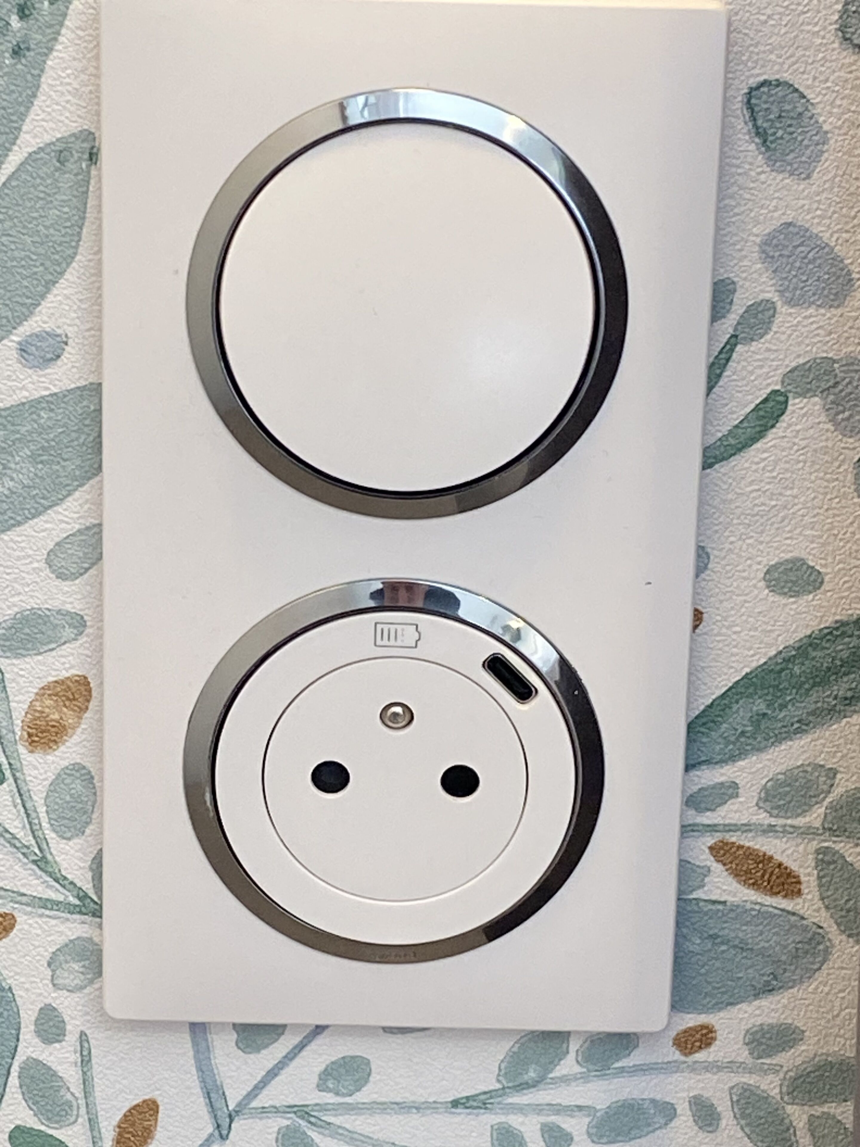 Un enchufe eléctrico blanco con dos tomas circulares y un interruptor.
