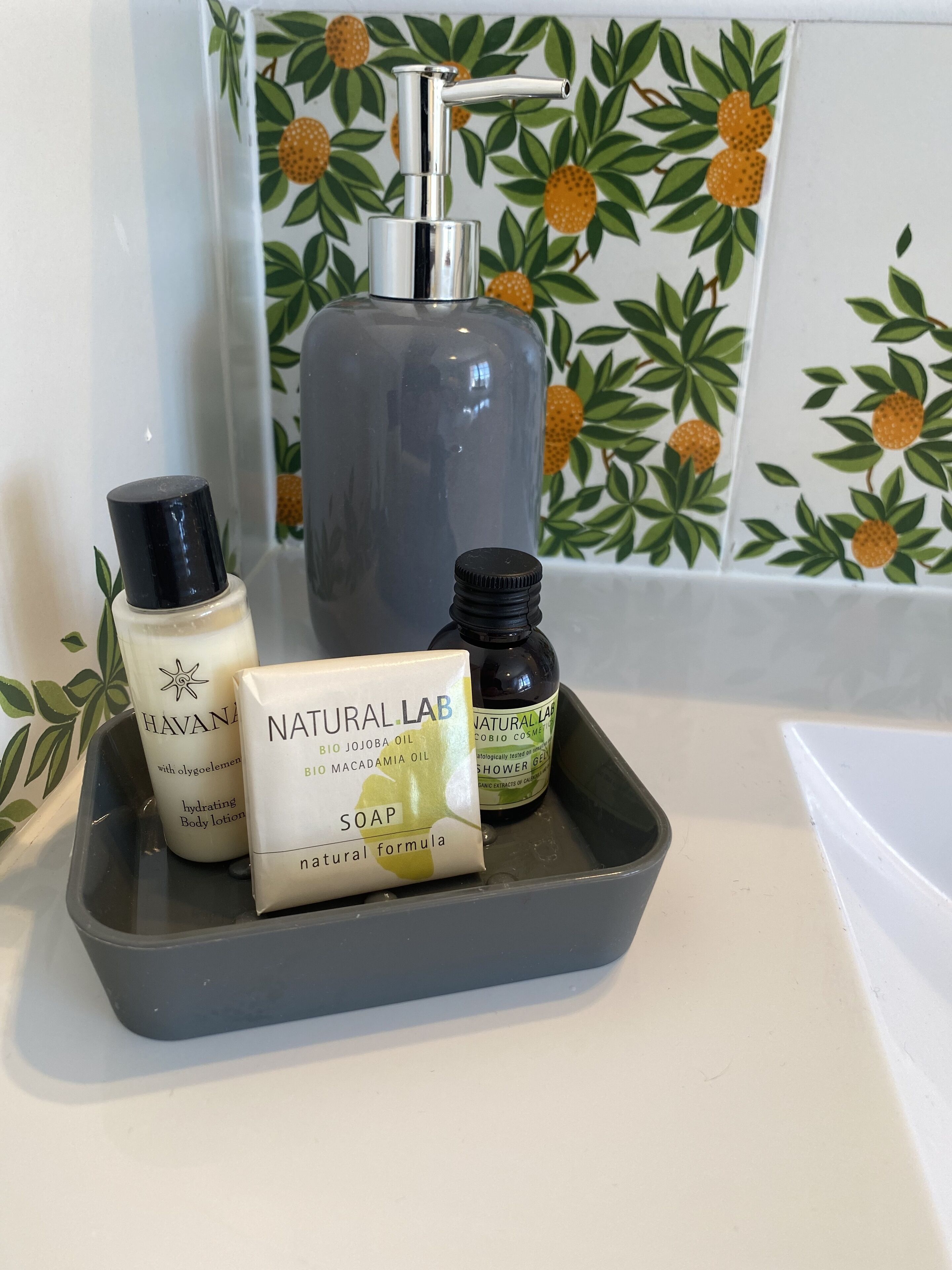 Una encimera de baño con dispensador de jabón, una botella de loción corporal y una botella de gel de ducha.