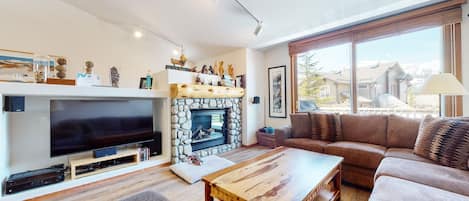 Televisión, chimenea y reproductor de DVD