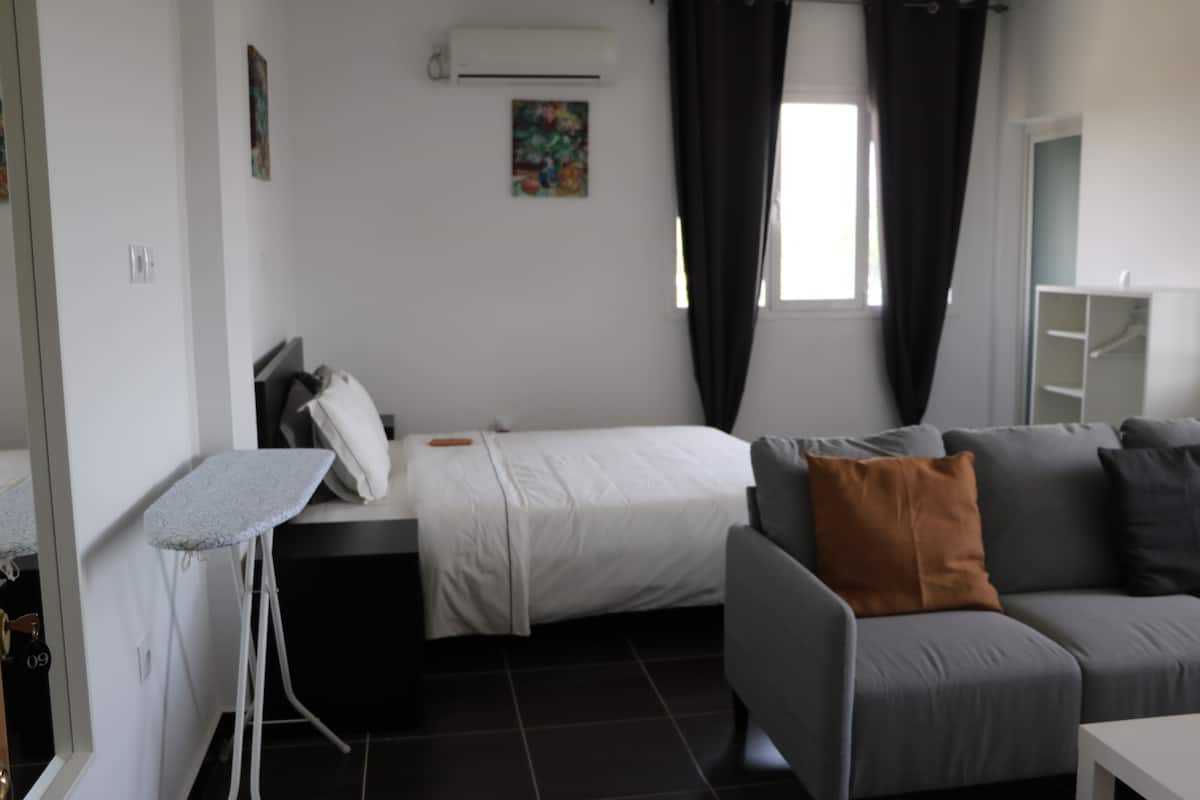 1 bedroom, laptop workspace, soundproofing, iron/ironing board