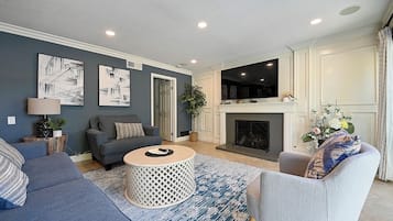 Smart TV, fireplace, video games, foosball