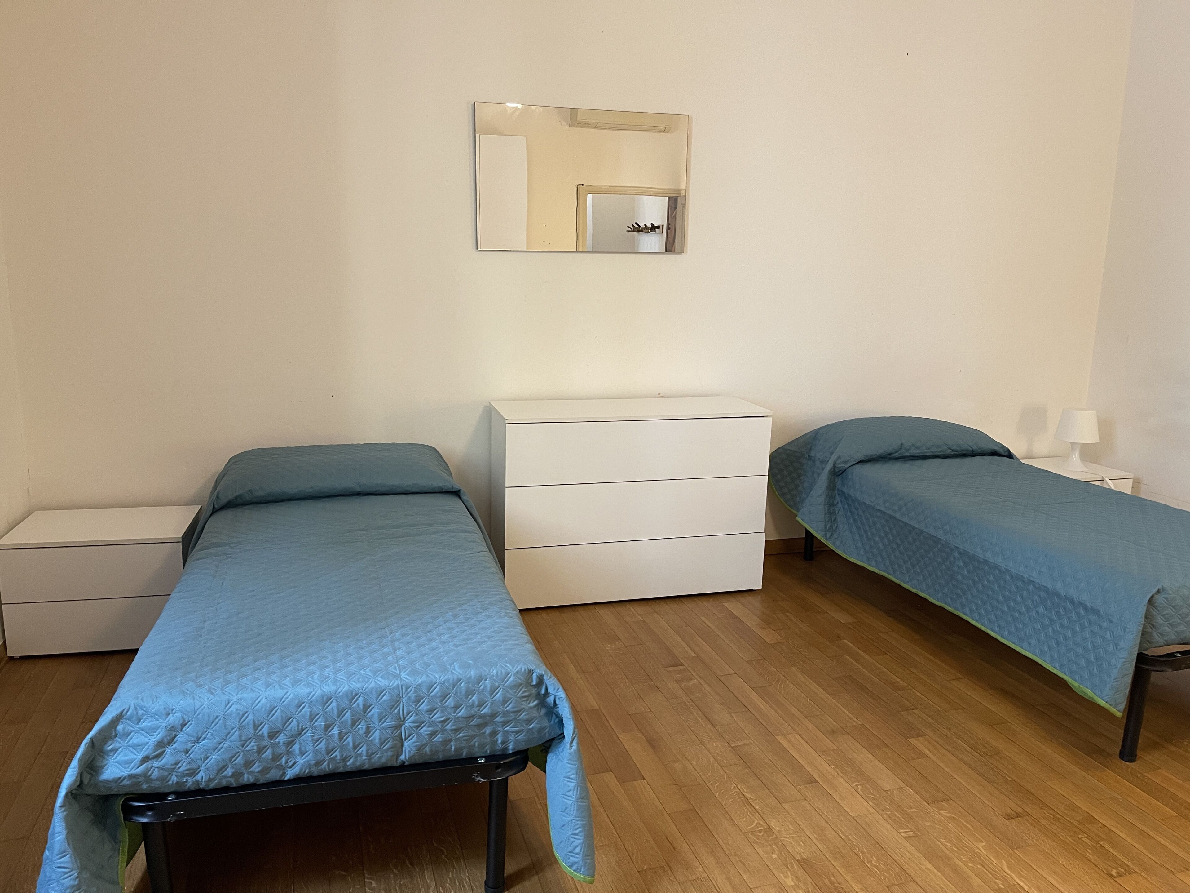 A bedroom with two single beds, a white dresser, a mirror, and a nightstand with a lamp.