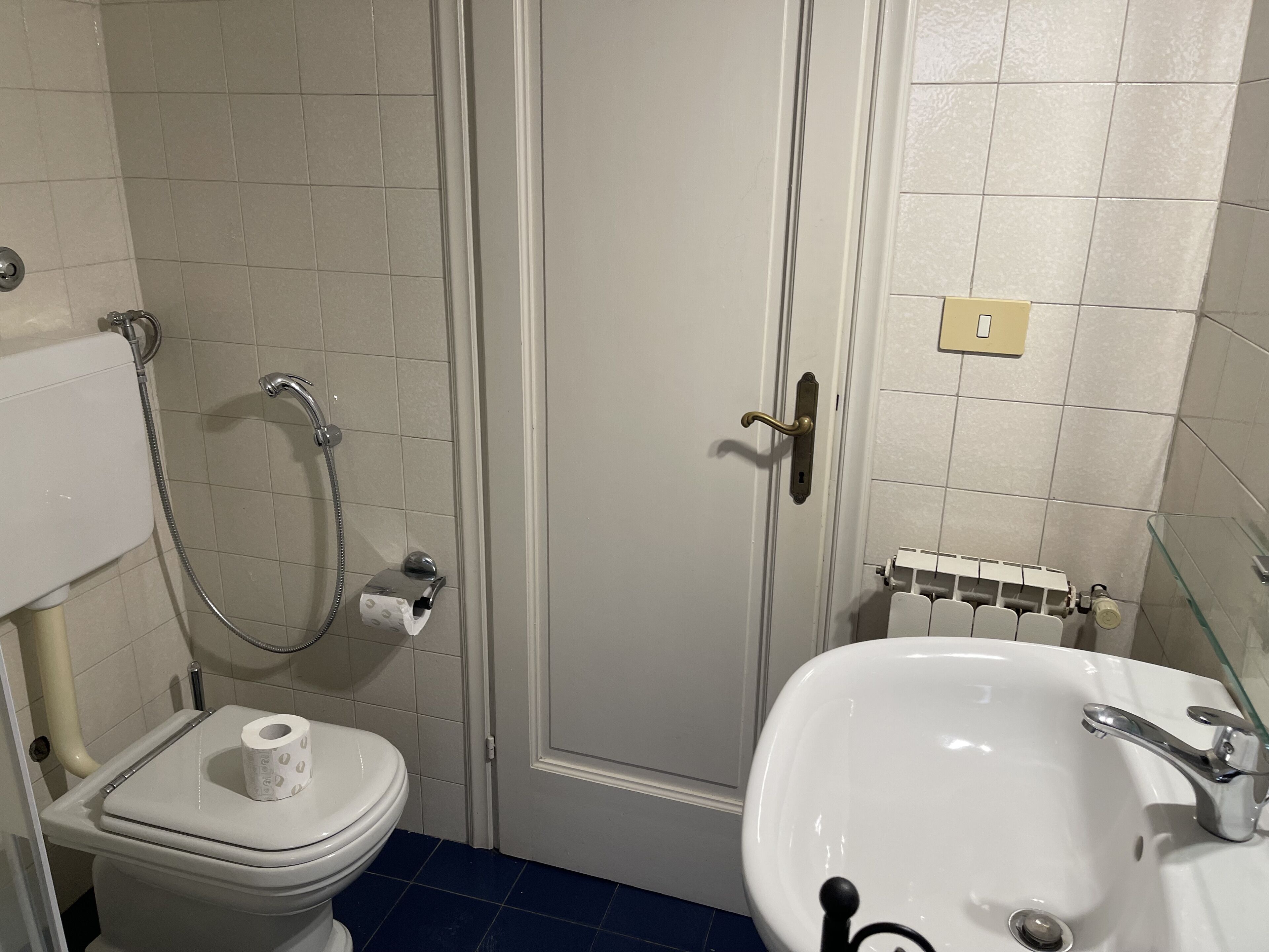 A bathroom with a toilet, a shower, and a sink.