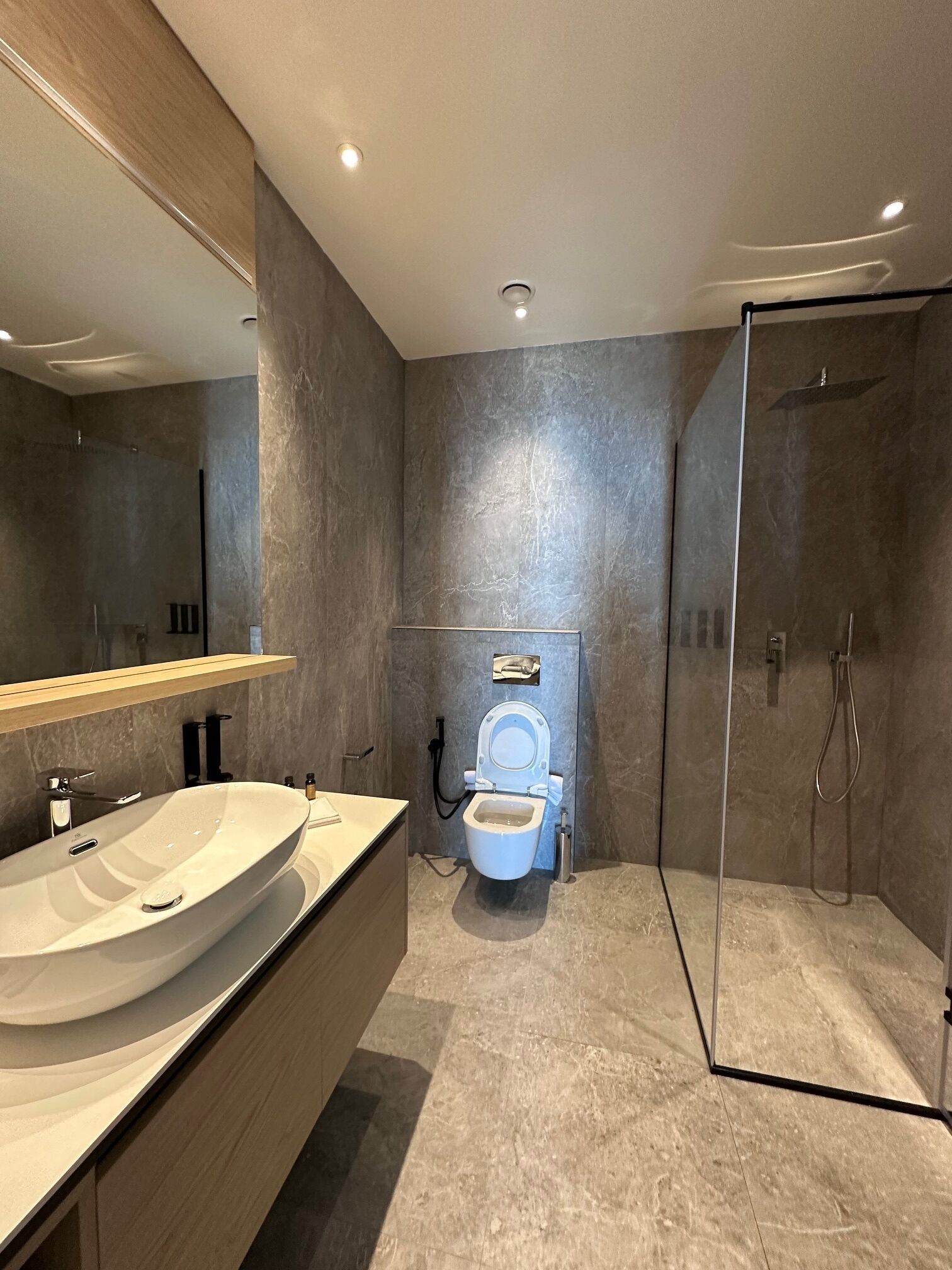 Een moderne badkamer met een groot ovaal wastafel, toilet en douchecabine met glazen wanden.