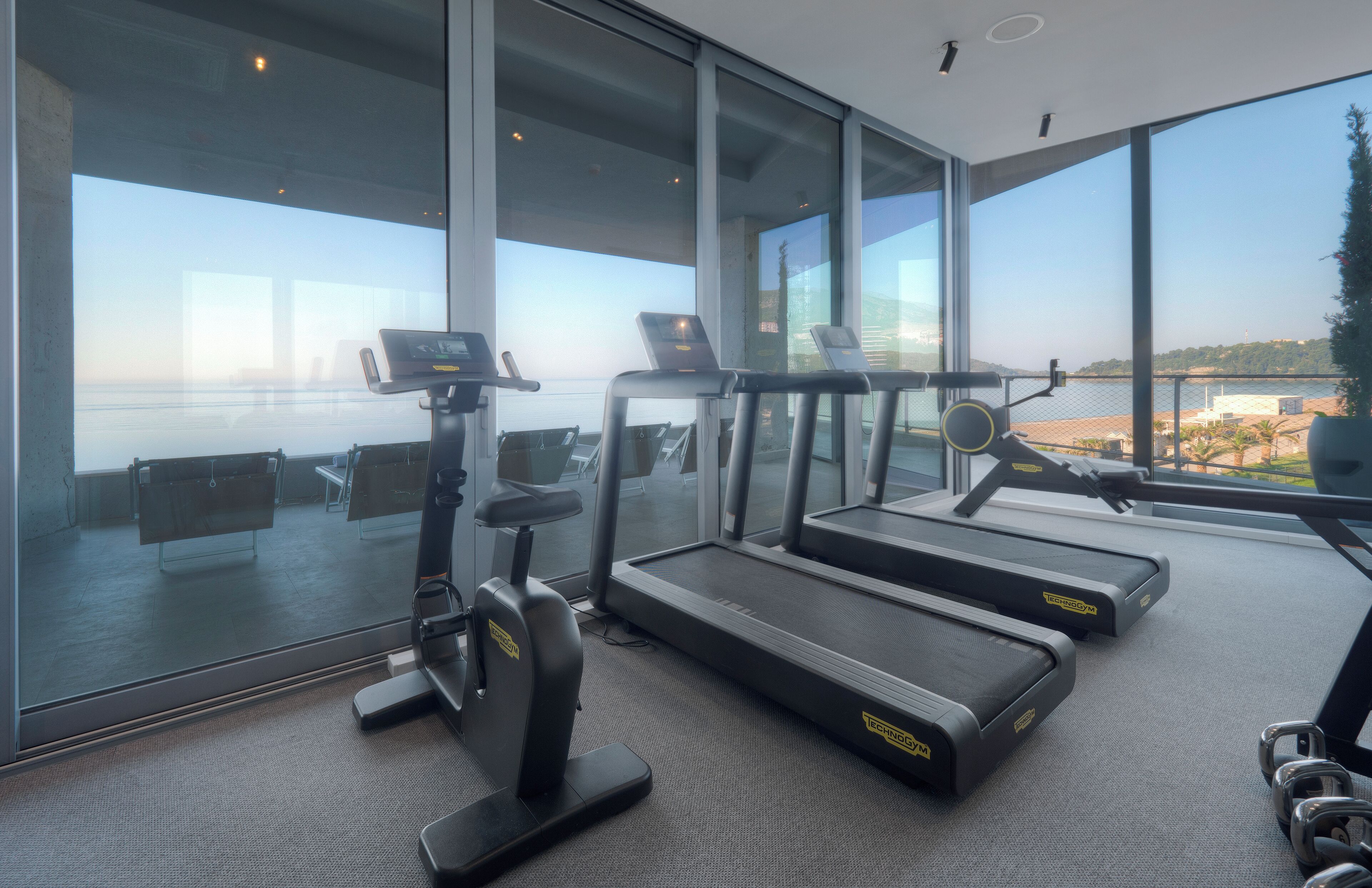 A gym with treadmills and an elliptical machine, large windows with a view of the sea and buildings.