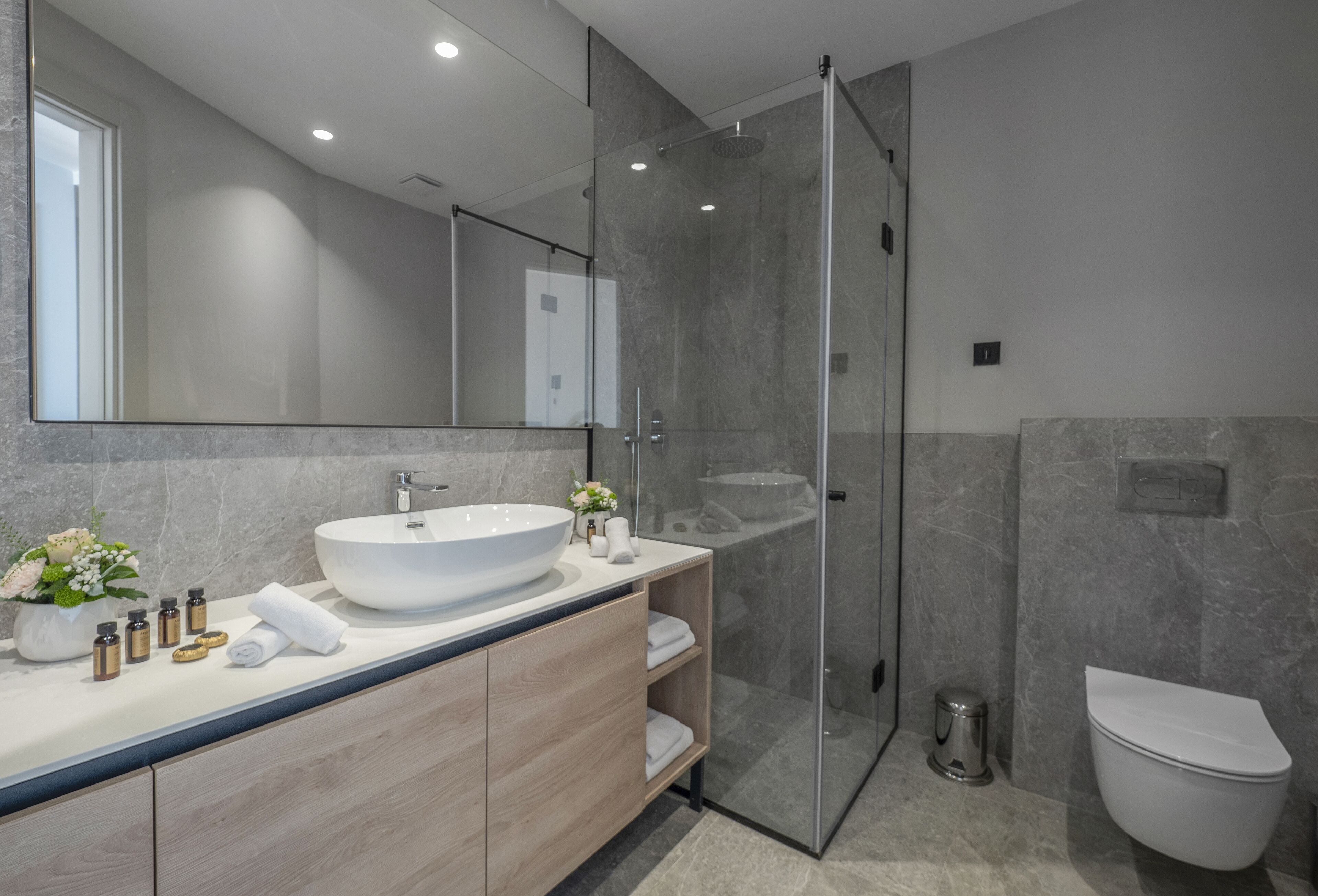 Een moderne badkamer met een groot wit wastafel, een douche met glazen wanden en een toilet.