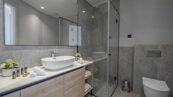 Een moderne badkamer met een groot wit wastafel, een douche met glazen wanden en een toilet.
