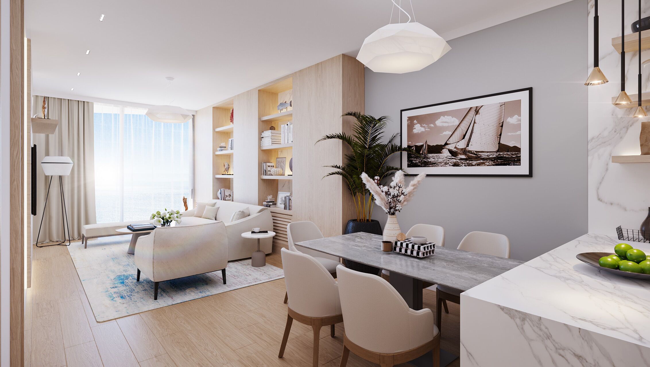Uma sala de estar moderna com sofá, mesa de centro e área de jantar com cadeiras e mesa.
