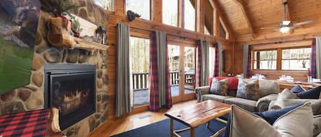 Smart TV, fireplace, books, streaming services